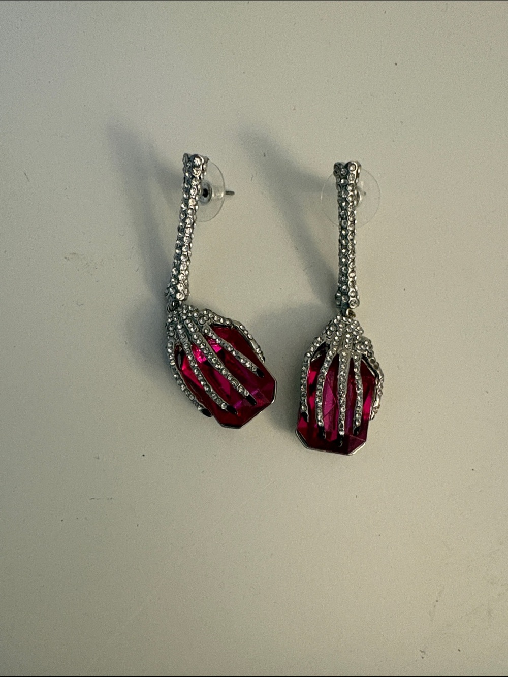 Betsey Johnson Silver-Tone Drop Earrings with Fuchsia Crystals